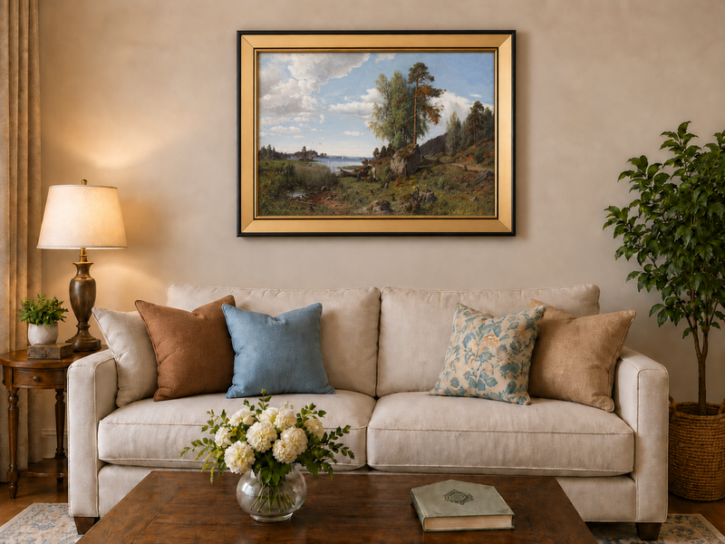 Hand-painted Lakeside Pines and Rustic Shore Path landscape oil painting displayed as wall art in a styled interior
