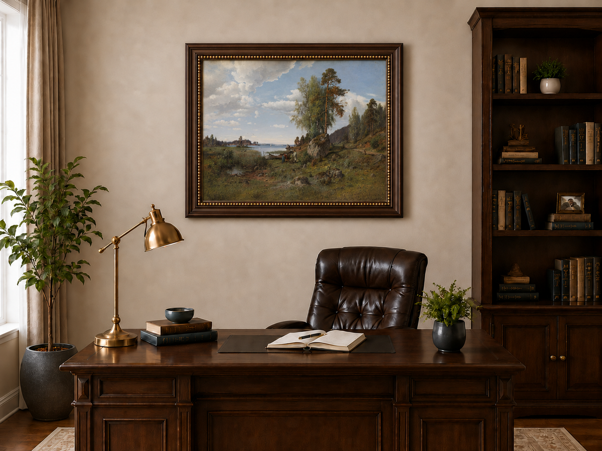 Hand-painted Lakeside Pines and Rustic Shore Path landscape oil painting displayed as wall art in a styled interior