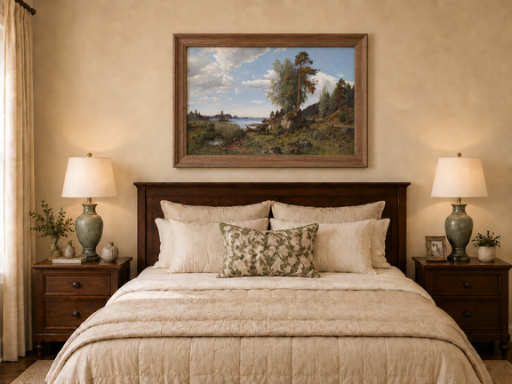 Hand-painted Lakeside Pines and Rustic Shore Path landscape oil painting displayed as wall art in a styled interior