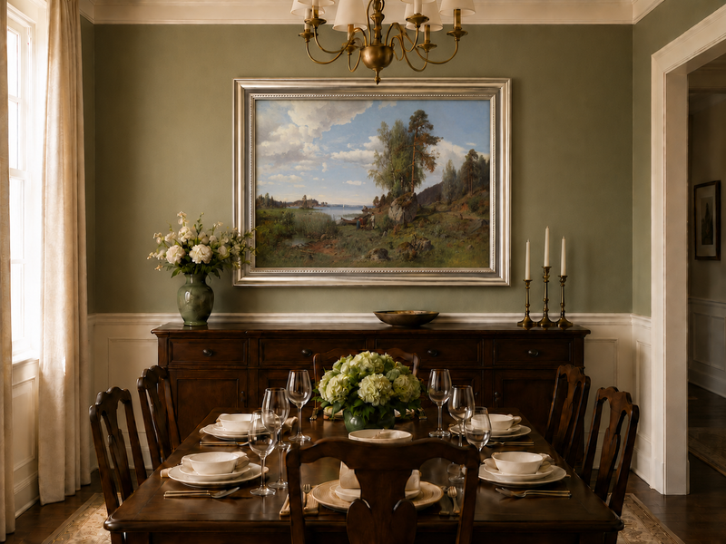 Hand-painted Lakeside Pines and Rustic Shore Path landscape oil painting displayed as wall art in a styled interior