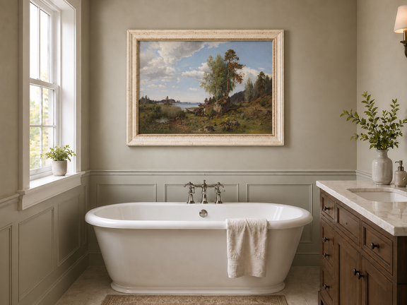Hand-painted Lakeside Pines and Rustic Shore Path landscape oil painting displayed as wall art in a styled interior