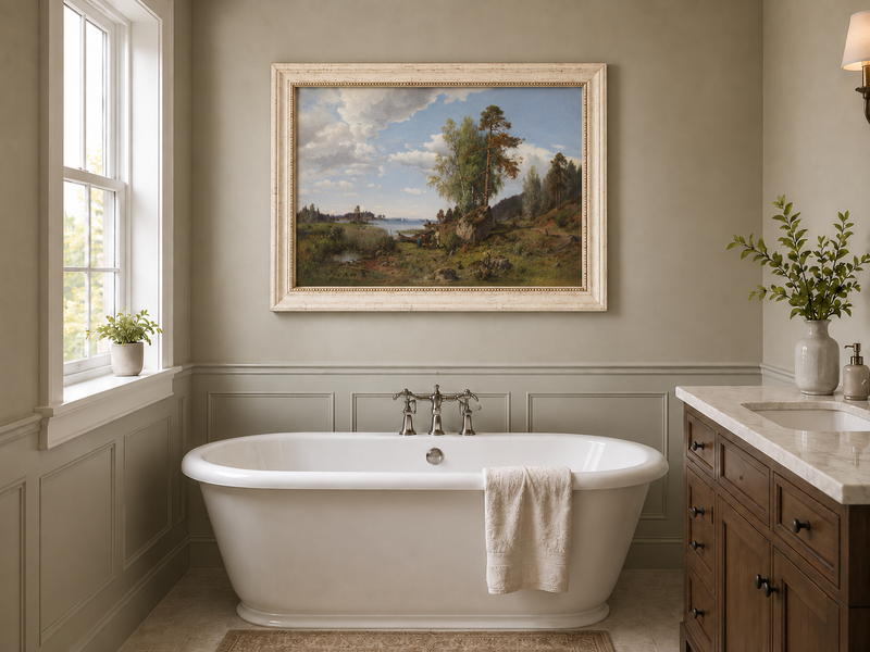 Hand-painted Lakeside Pines and Rustic Shore Path landscape oil painting displayed as wall art in a styled interior
