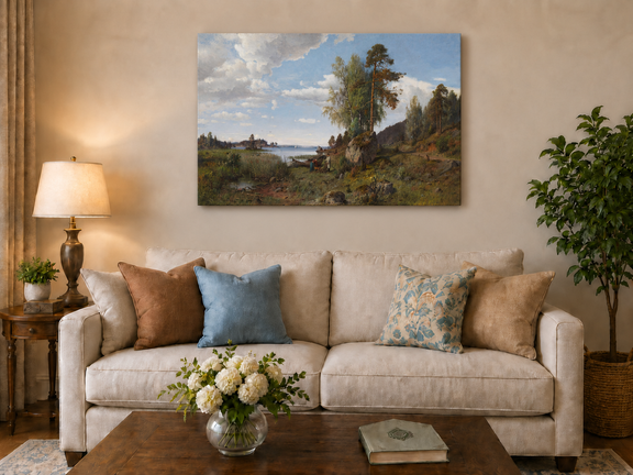 Hand-painted Lakeside Pines and Rustic Shore Path landscape oil painting displayed as wall art in a styled interior