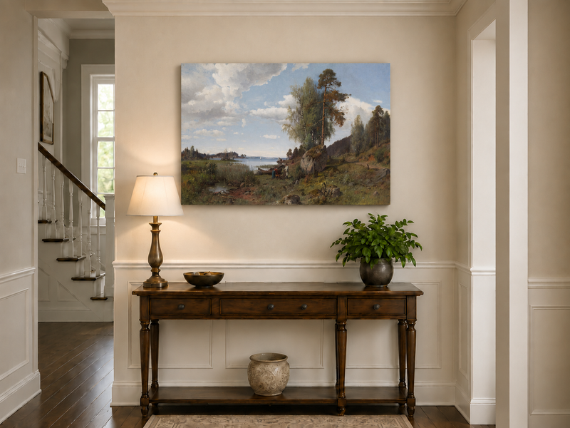 Hand-painted Lakeside Pines and Rustic Shore Path landscape oil painting displayed as wall art in a styled interior