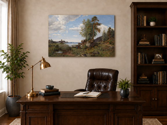 Hand-painted Lakeside Pines and Rustic Shore Path landscape oil painting displayed as wall art in a styled interior