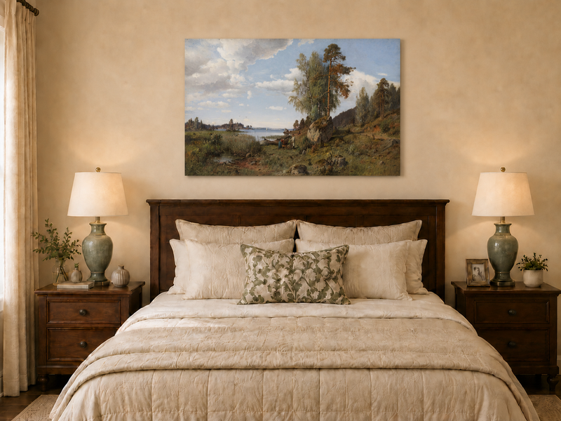 Hand-painted Lakeside Pines and Rustic Shore Path landscape oil painting displayed as wall art in a styled interior