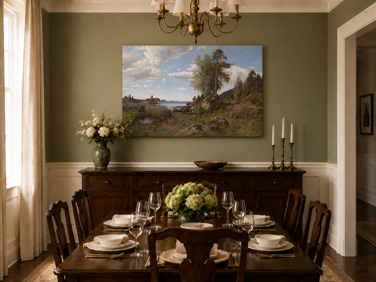 Hand-painted Lakeside Pines and Rustic Shore Path landscape oil painting displayed as wall art in a styled interior