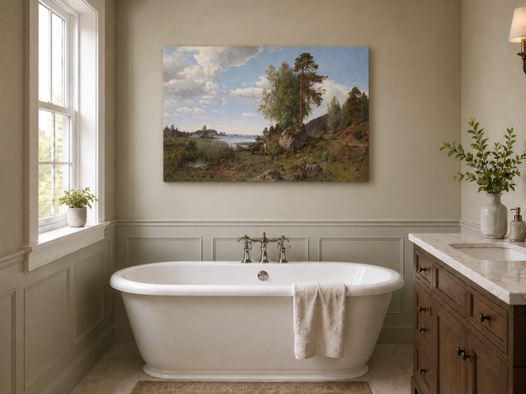Hand-painted Lakeside Pines and Rustic Shore Path landscape oil painting displayed as wall art in a styled interior