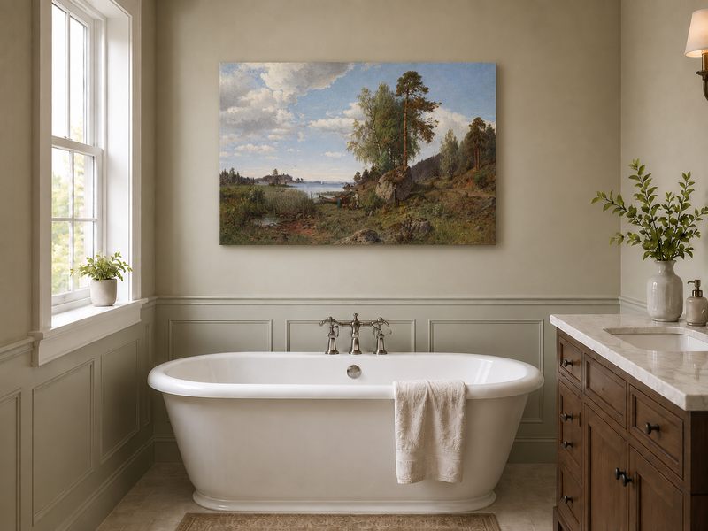 Hand-painted Lakeside Pines and Rustic Shore Path landscape oil painting displayed as wall art in a styled interior