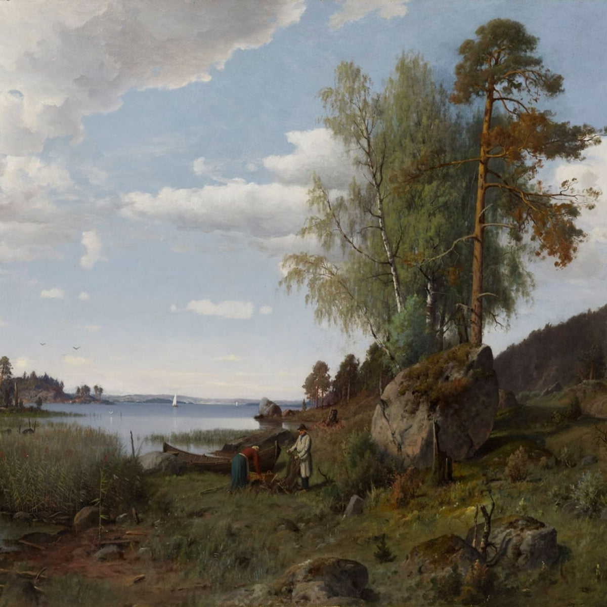 Hand-painted lakeside pines and rustic shore path landscape oil painting on canvas