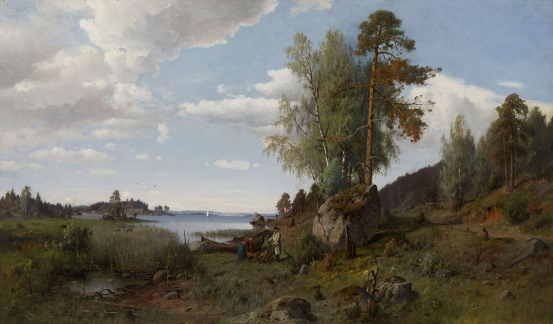 Hand-painted lakeside pines and rustic shore path landscape oil painting on canvas
