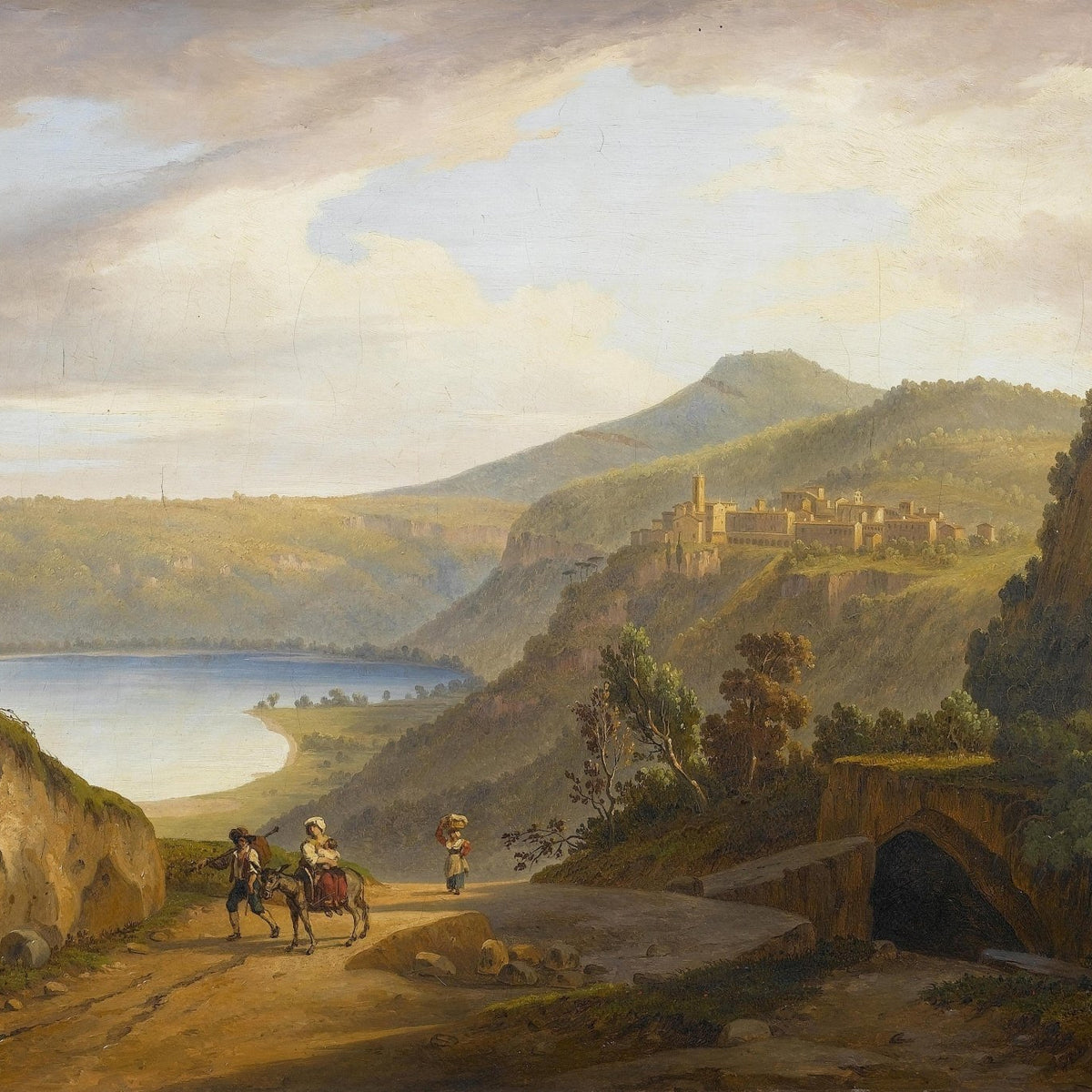Landscape Oil Painting - Lakeside Road with Hilltop Town - Oil Painting Haven