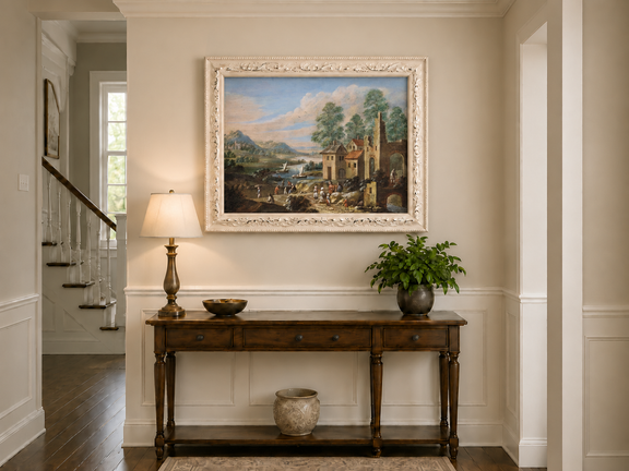 Hand-painted Lakeside Ruins with Village Figures landscape oil painting displayed as wall art in a styled interior
