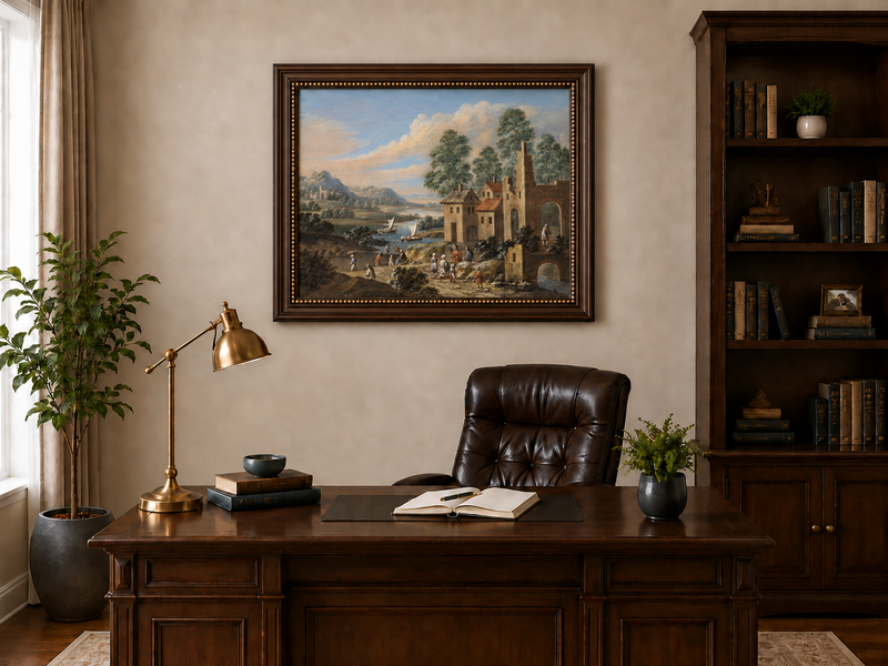 Hand-painted Lakeside Ruins with Village Figures landscape oil painting displayed as wall art in a styled interior
