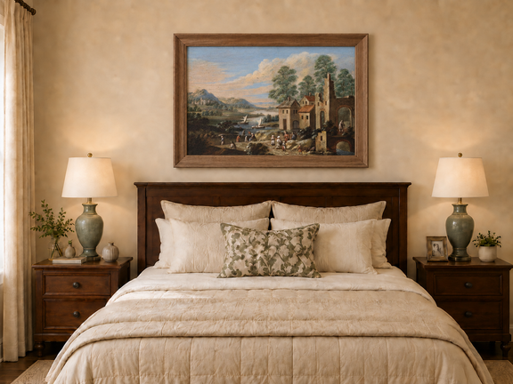 Hand-painted Lakeside Ruins with Village Figures landscape oil painting displayed as wall art in a styled interior