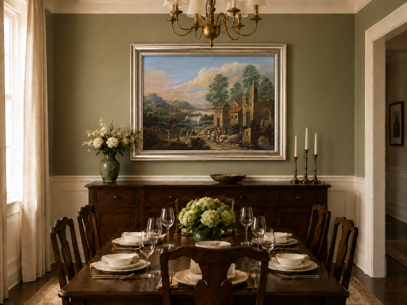 Hand-painted Lakeside Ruins with Village Figures landscape oil painting displayed as wall art in a styled interior