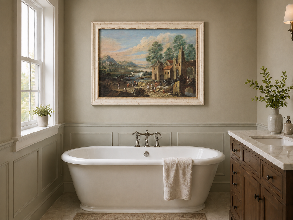Hand-painted Lakeside Ruins with Village Figures landscape oil painting displayed as wall art in a styled interior