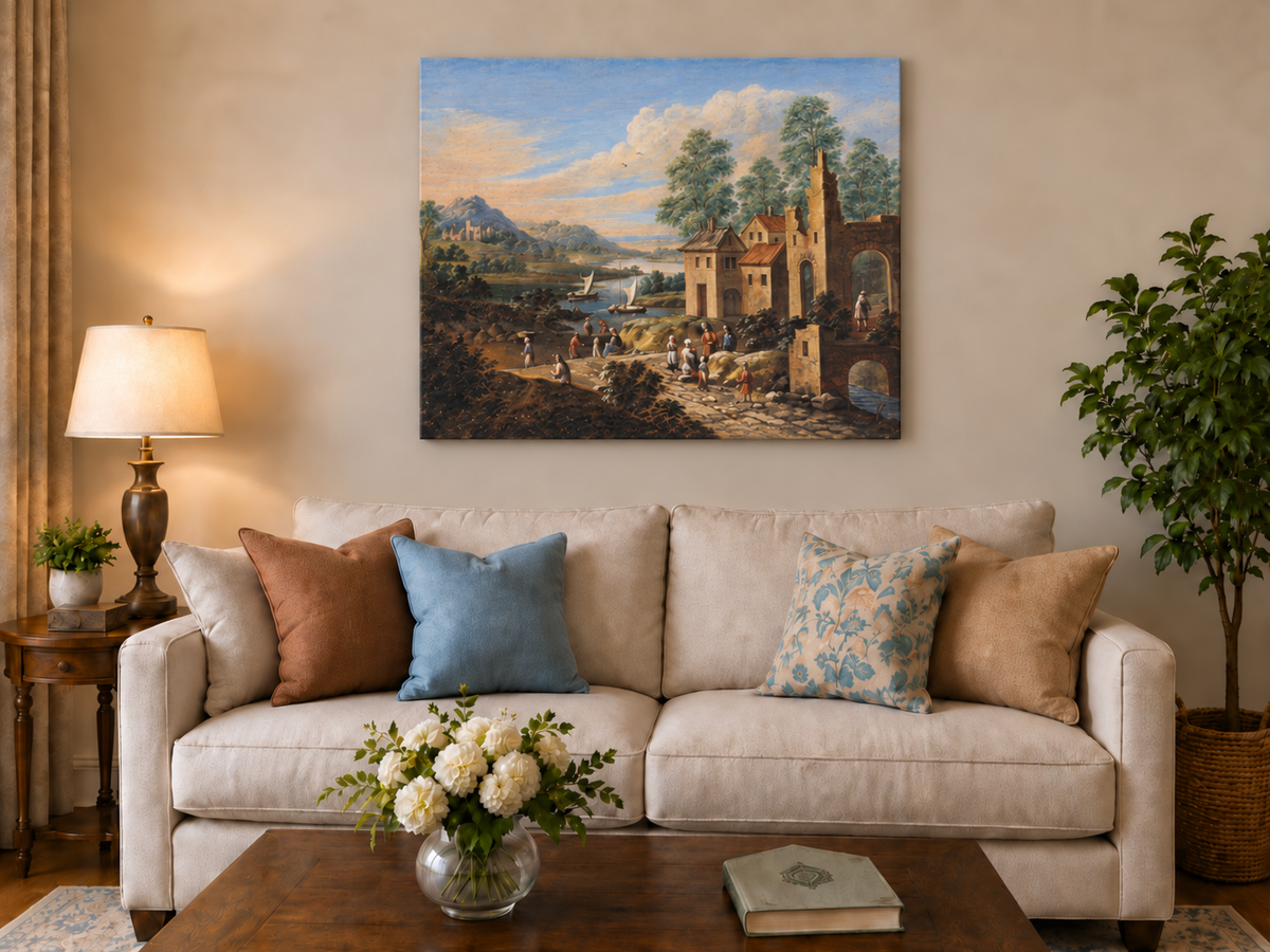 Hand-painted Lakeside Ruins with Village Figures landscape oil painting displayed as wall art in a styled interior