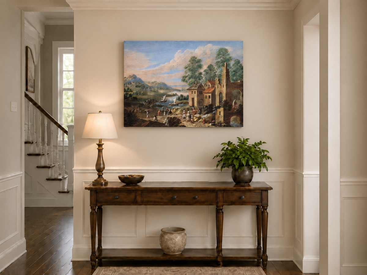 Hand-painted Lakeside Ruins with Village Figures landscape oil painting displayed as wall art in a styled interior