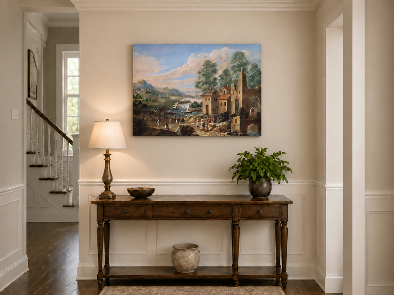 Hand-painted Lakeside Ruins with Village Figures landscape oil painting displayed as wall art in a styled interior