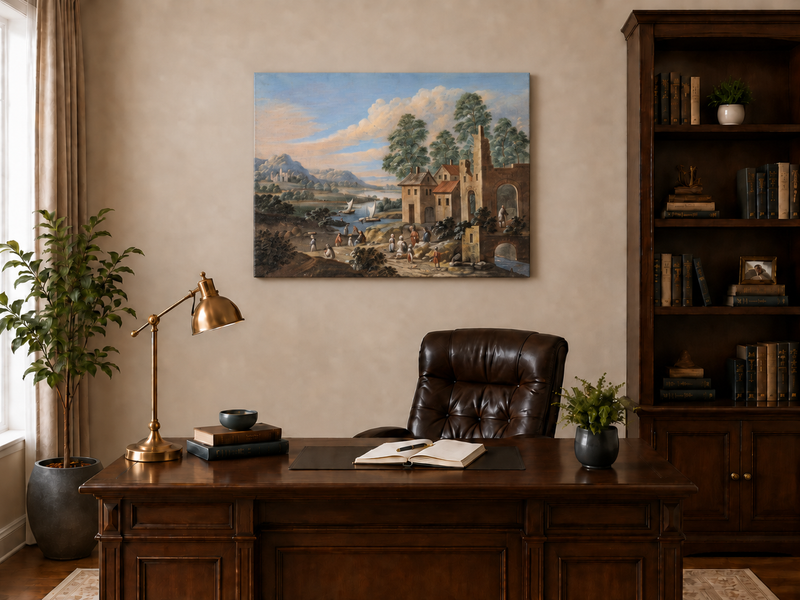 Hand-painted Lakeside Ruins with Village Figures landscape oil painting displayed as wall art in a styled interior