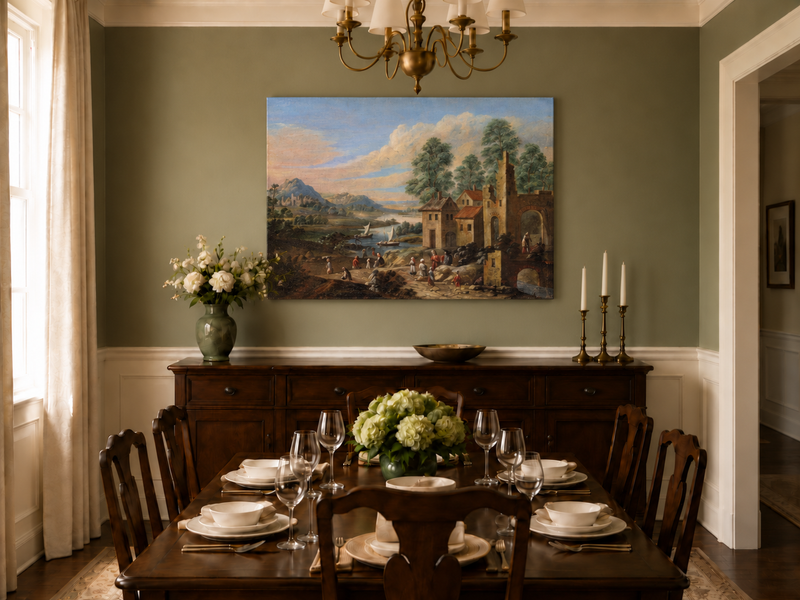 Hand-painted Lakeside Ruins with Village Figures landscape oil painting displayed as wall art in a styled interior