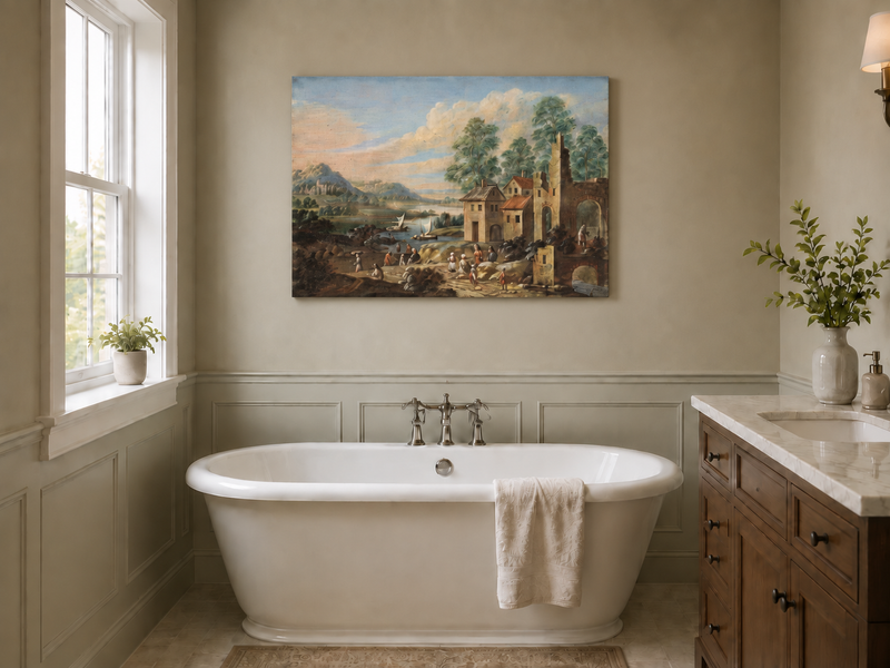 Hand-painted Lakeside Ruins with Village Figures landscape oil painting displayed as wall art in a styled interior