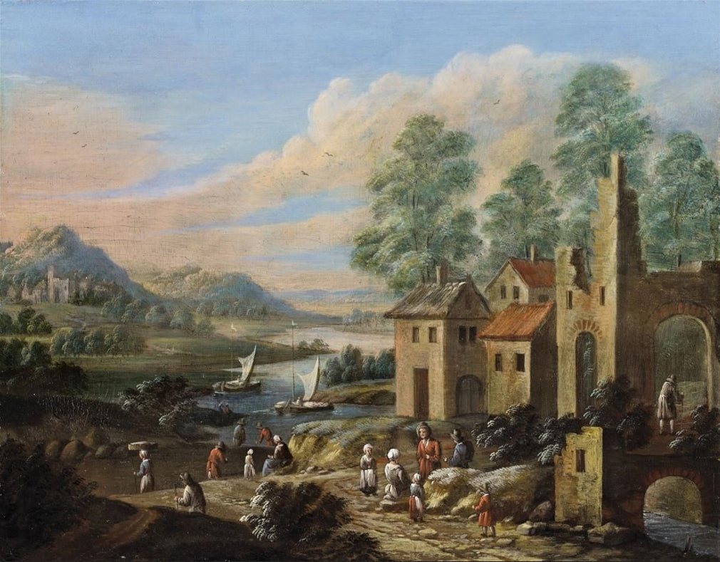 Landscape Oil Painting - Lakeside Ruins with Village Figures - Oil Painting Haven