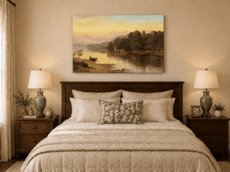 Landscape Oil Painting - Lakeside Sunset, Boat, Figure & Woodland