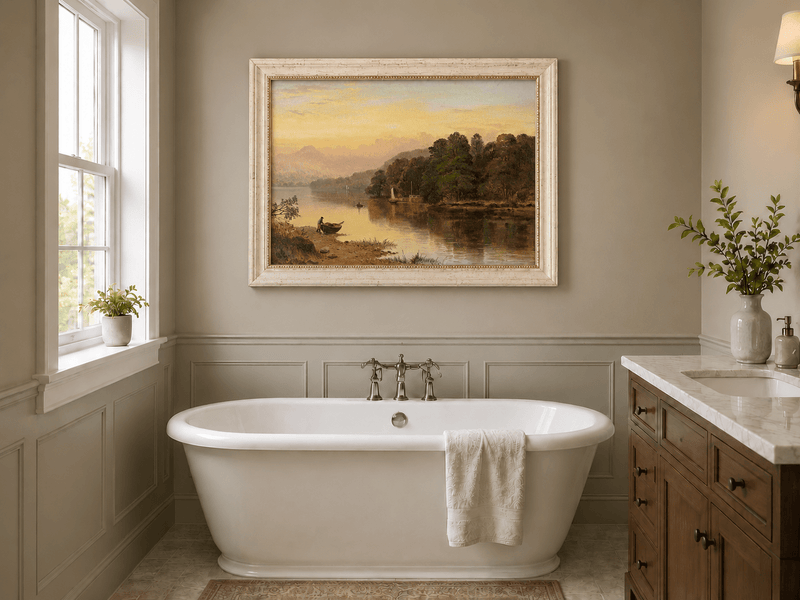 Landscape Oil Painting - Lakeside Sunset, Boat, Figure & Woodland