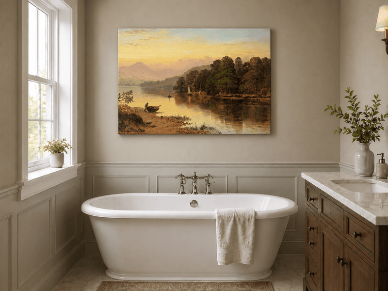 Landscape Oil Painting - Lakeside Sunset, Boat, Figure & Woodland