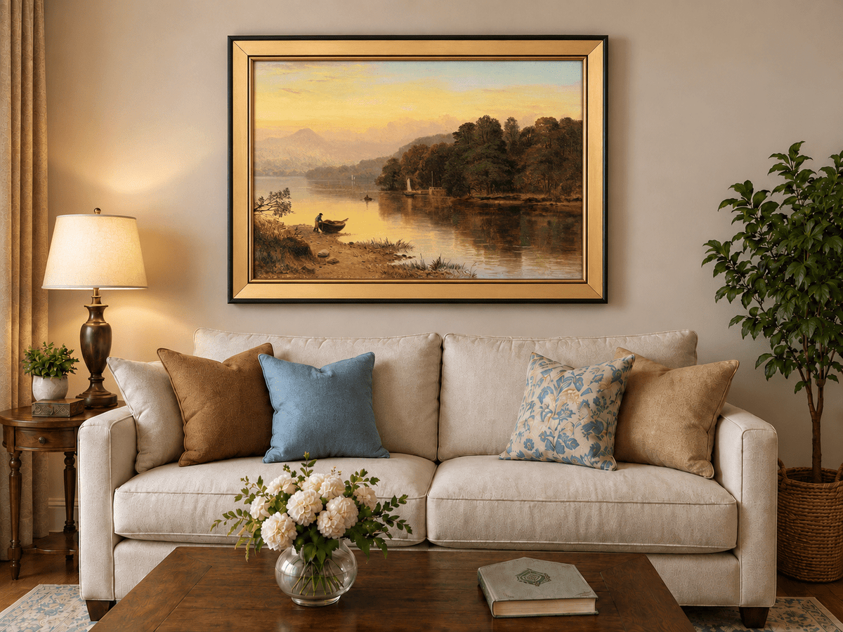 Landscape Oil Painting - Lakeside Sunset, Boat, Figure & Woodland