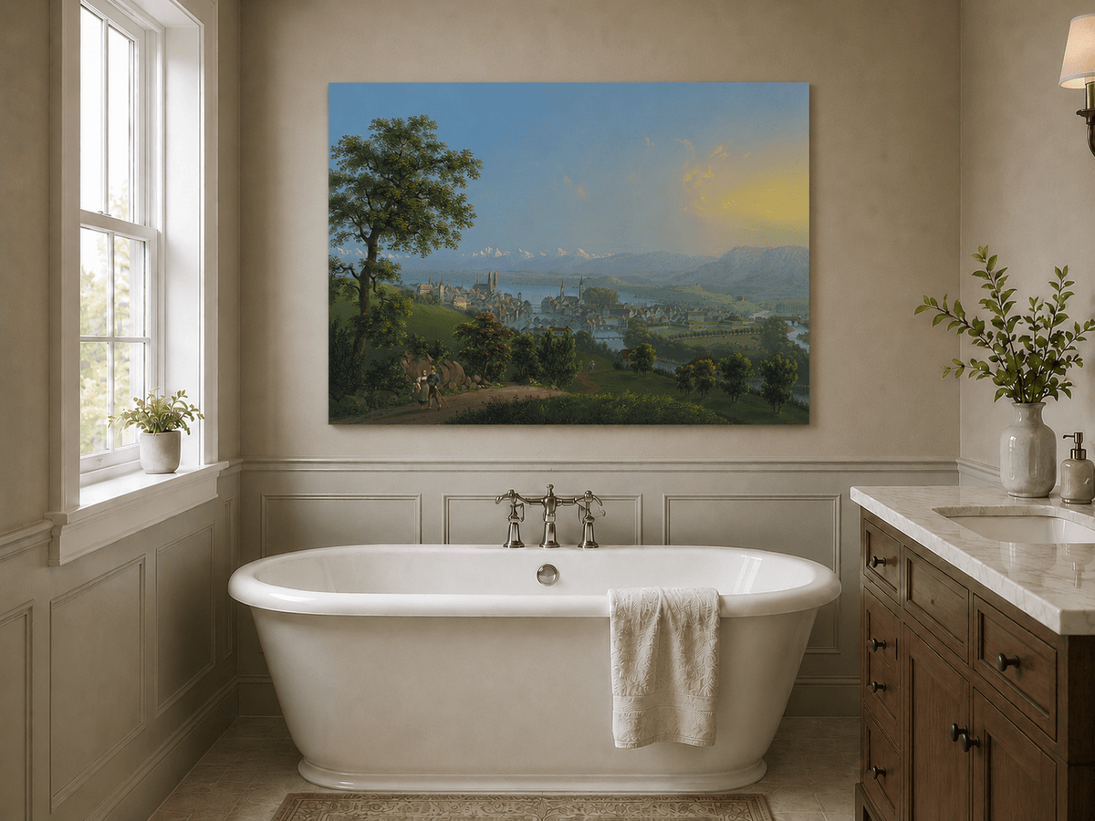 Landscape Oil Painting - Lakeside Town and Mountain Panorama