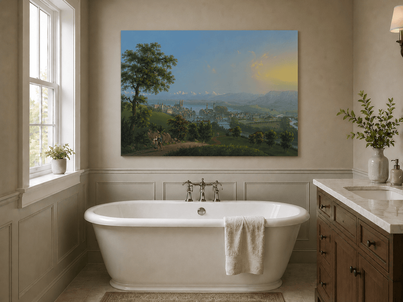 Landscape Oil Painting - Lakeside Town and Mountain Panorama