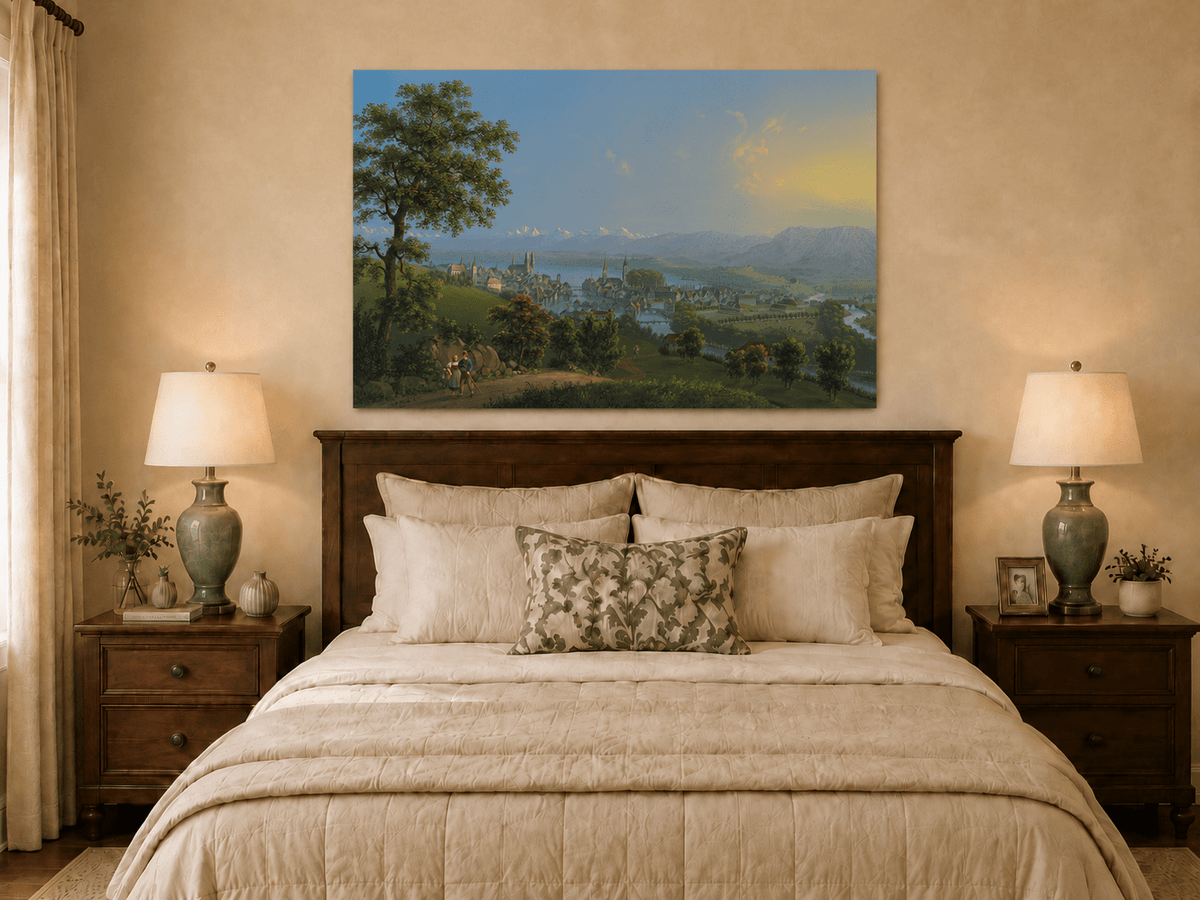 Landscape Oil Painting - Lakeside Town and Mountain Panorama