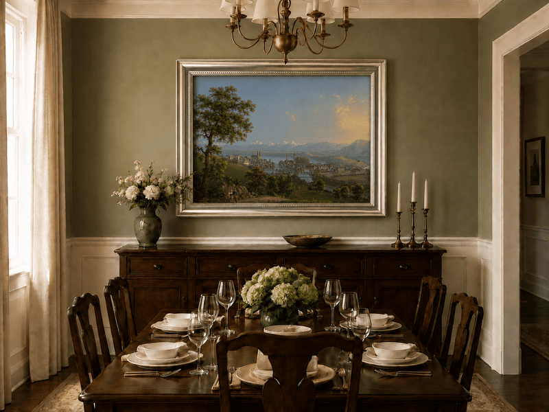 Landscape Oil Painting - Lakeside Town and Mountain Panorama