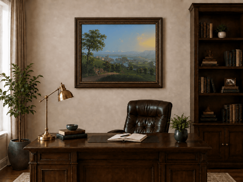 Landscape Oil Painting - Lakeside Town and Mountain Panorama