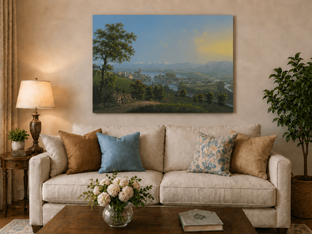 Landscape Oil Painting - Lakeside Town and Mountain Panorama