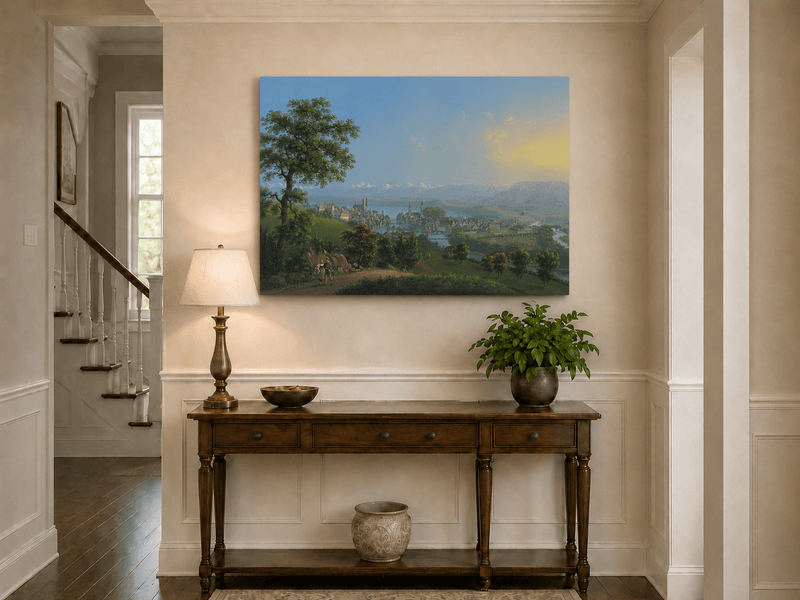Landscape Oil Painting - Lakeside Town and Mountain Panorama