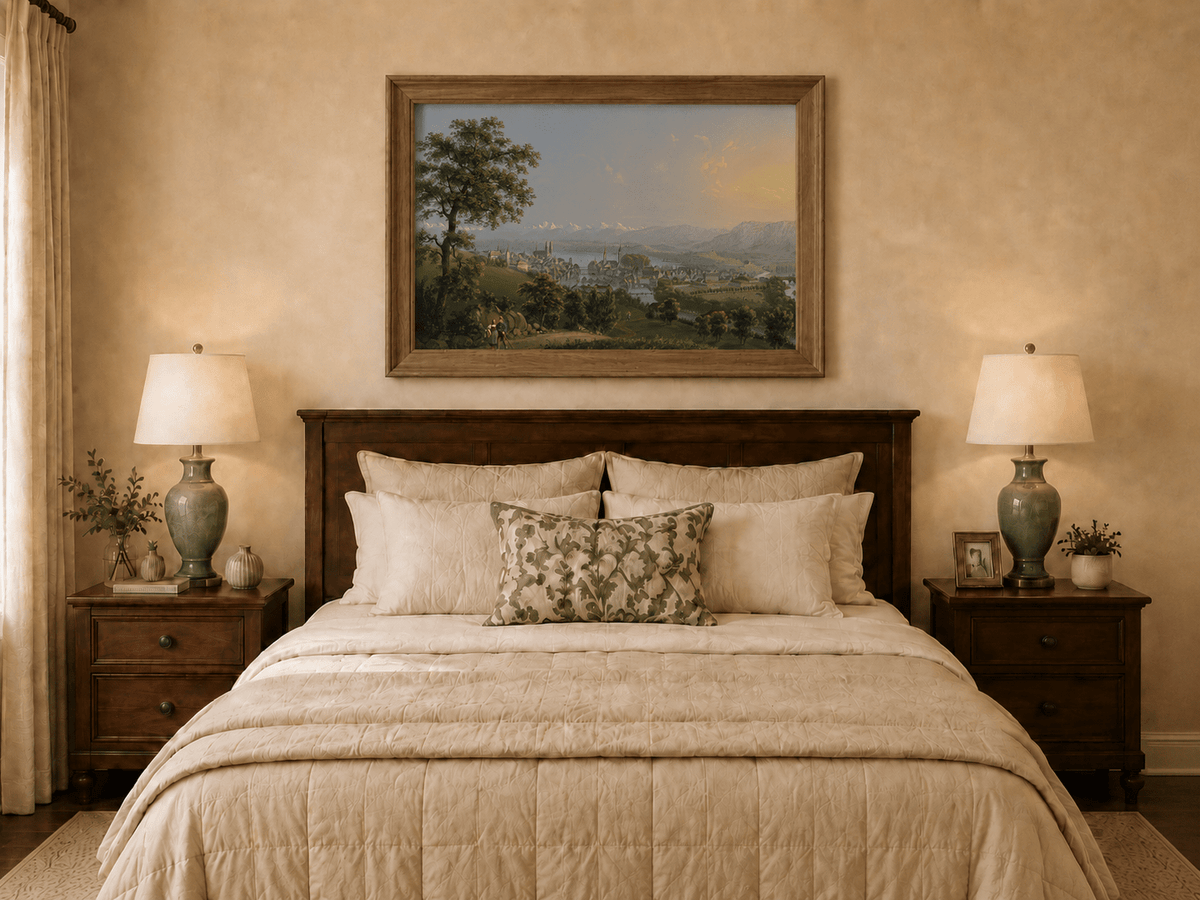 Landscape Oil Painting - Lakeside Town and Mountain Panorama