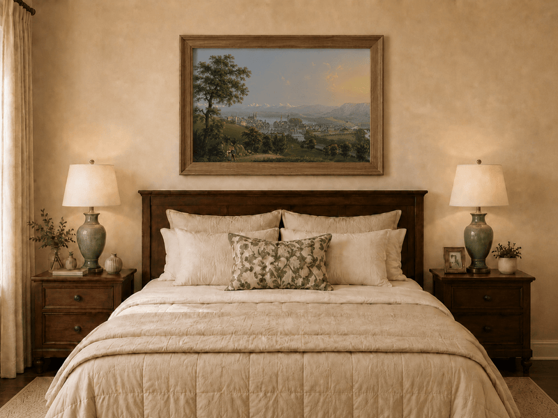 Landscape Oil Painting - Lakeside Town and Mountain Panorama