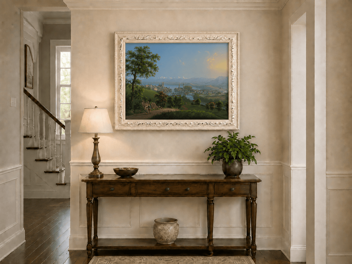 Landscape Oil Painting - Lakeside Town and Mountain Panorama