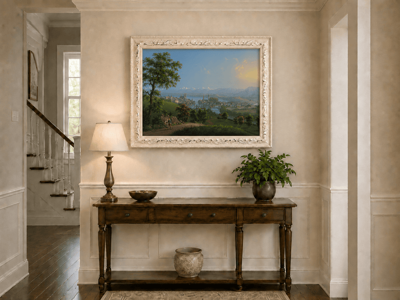 Landscape Oil Painting - Lakeside Town and Mountain Panorama