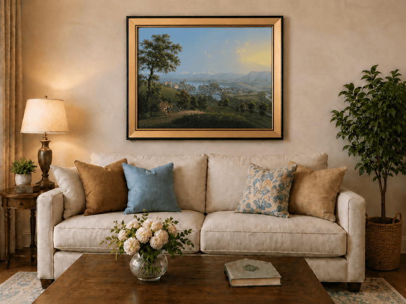 Landscape Oil Painting - Lakeside Town and Mountain Panorama