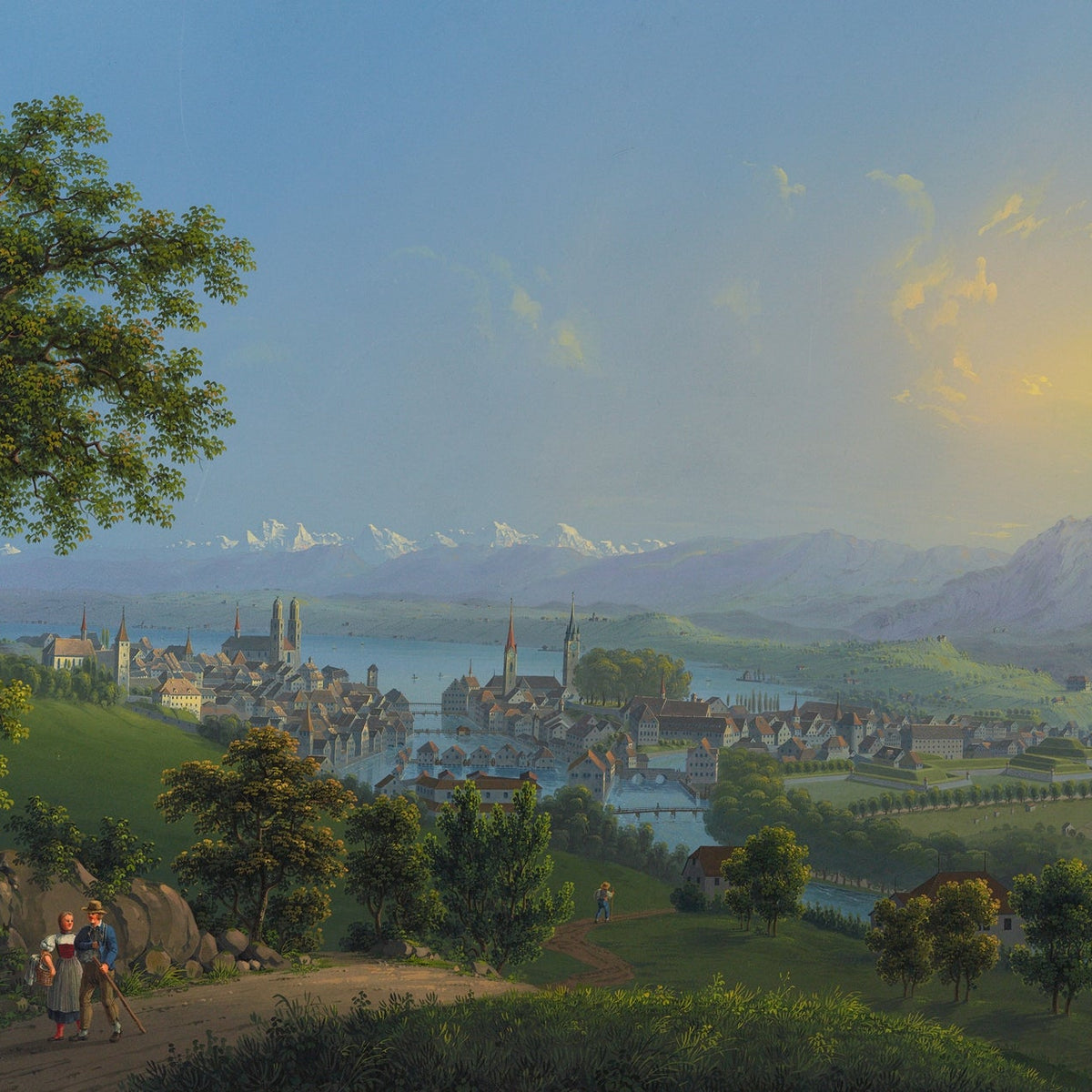 Hand-painted lakeside town and mountain panorama landscape oil painting on canvas