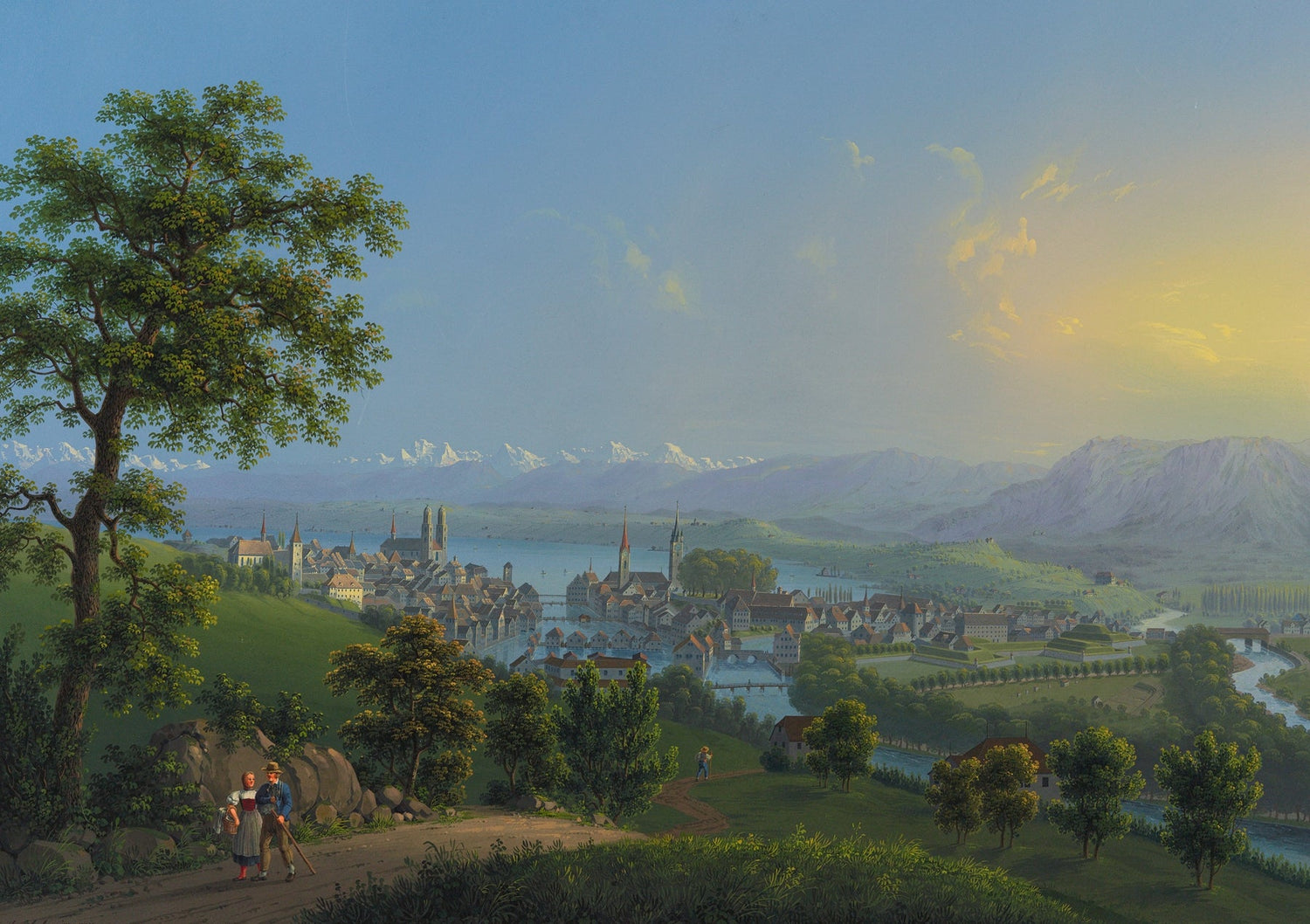 Hand-painted lakeside town and mountain panorama landscape oil painting on canvas