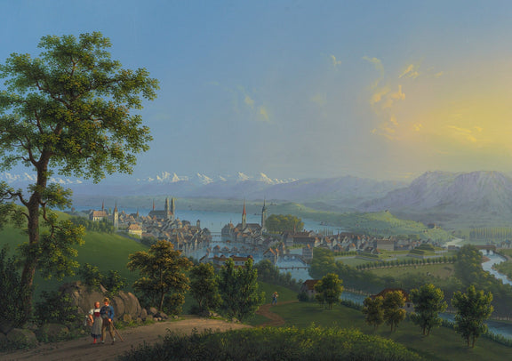 Hand-painted lakeside town and mountain panorama landscape oil painting on canvas