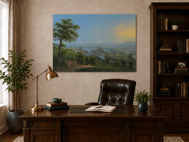 Landscape Oil Painting - Lakeside Town and Mountain Panorama