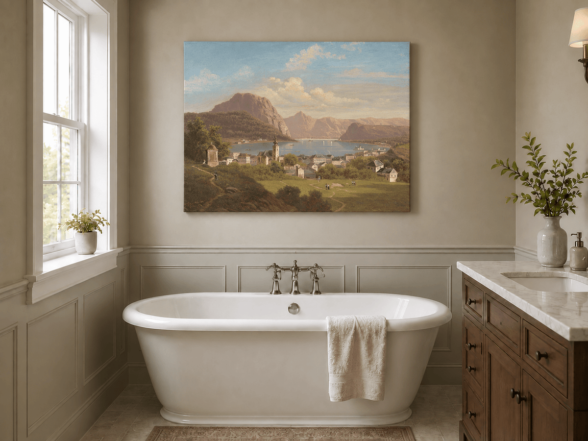 Landscape Oil Painting - Lakeside Town, Church, Mountain