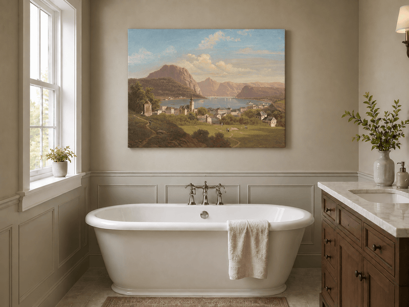 Landscape Oil Painting - Lakeside Town, Church, Mountain